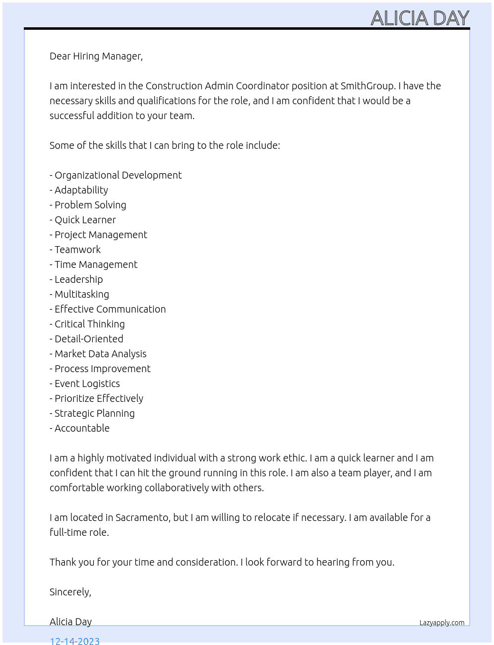 Construction Admin Coordinator At SmithGroup Cover Letter