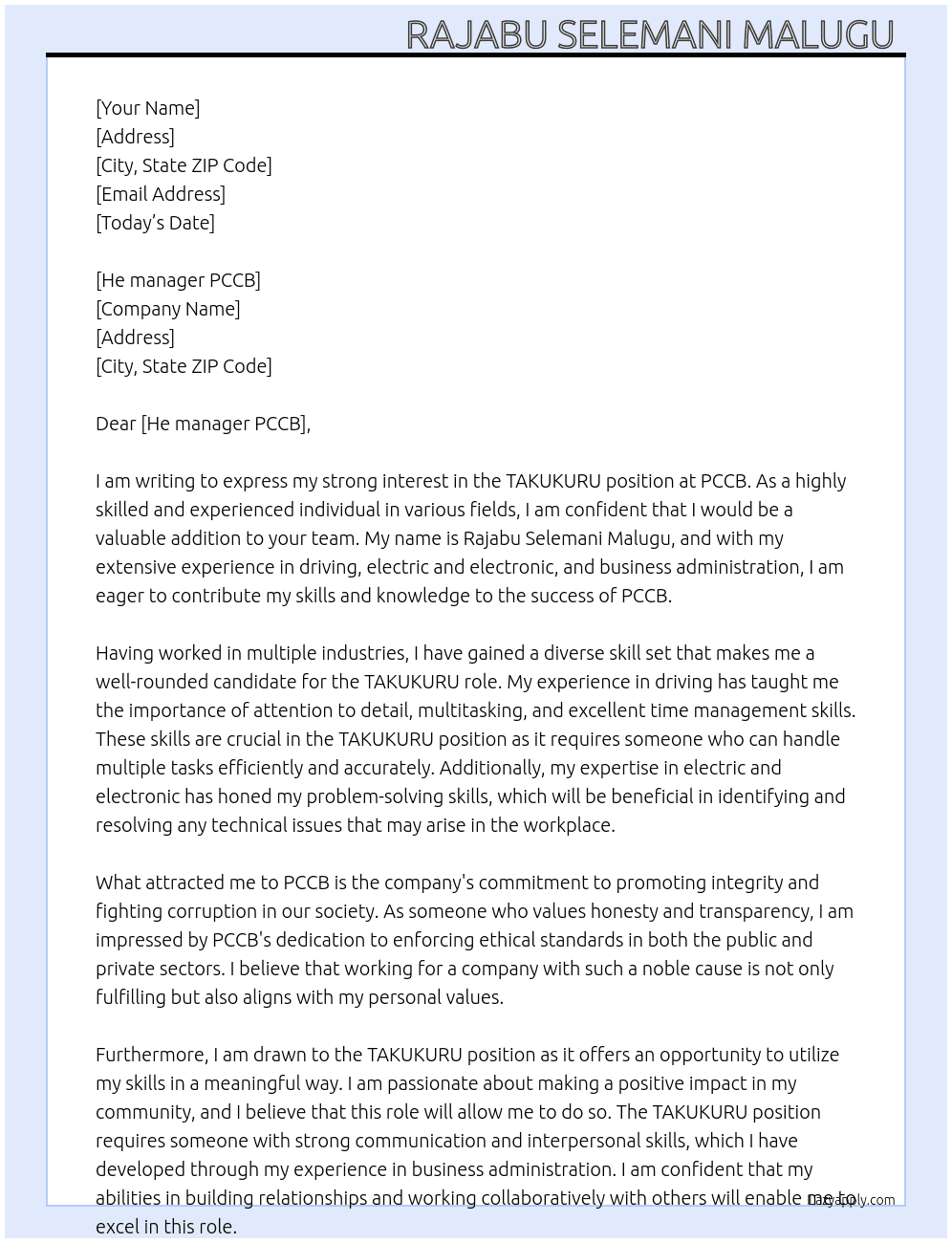 TAKUKURU  At PCCB Cover Letter
