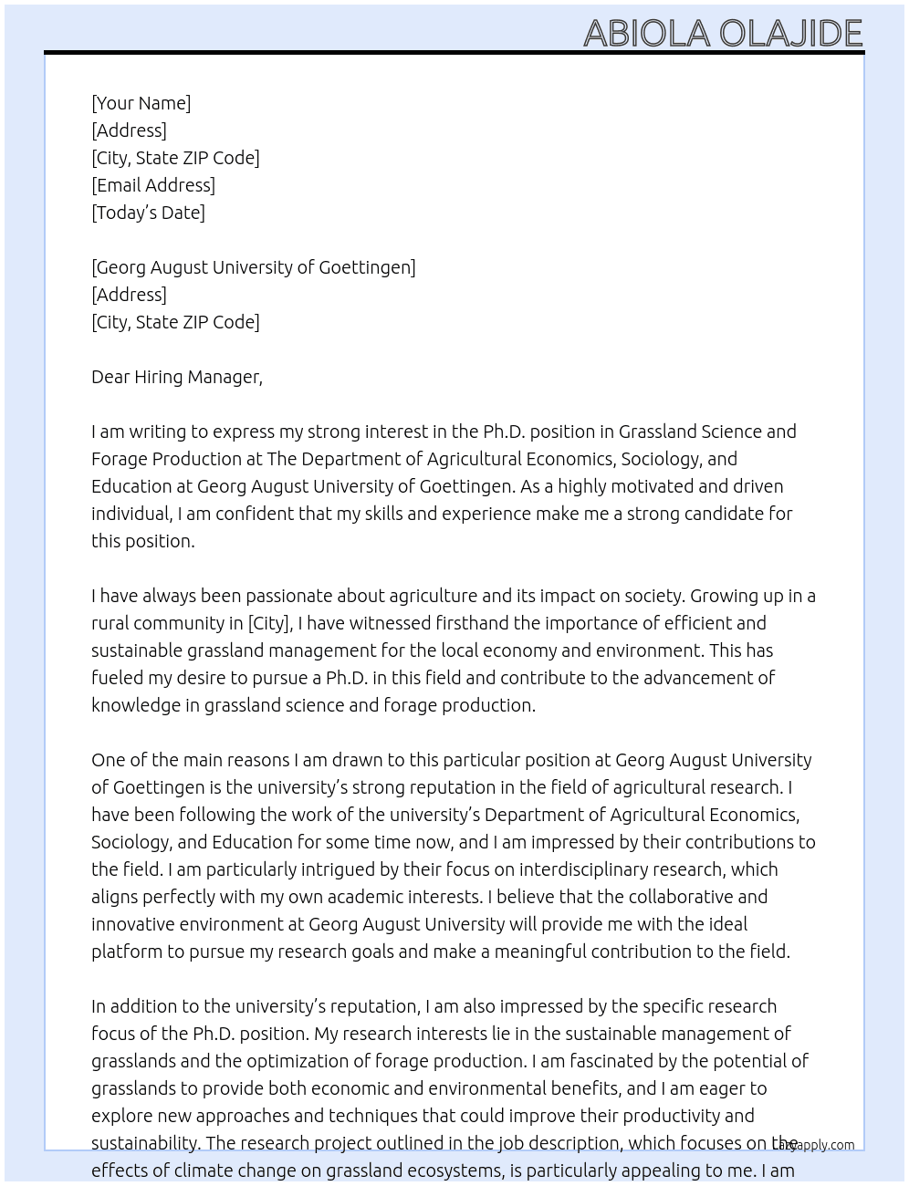 Ph.d in Grassland science and forage production At The Department of Agricultural Economics, Sociology, and Education Cover Letter