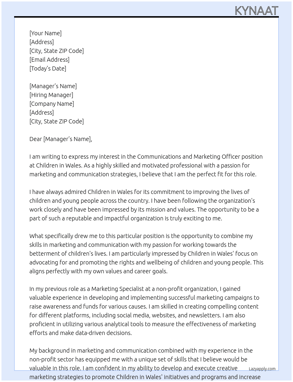 communications and marketing officer At Children in Wales Cover Letter