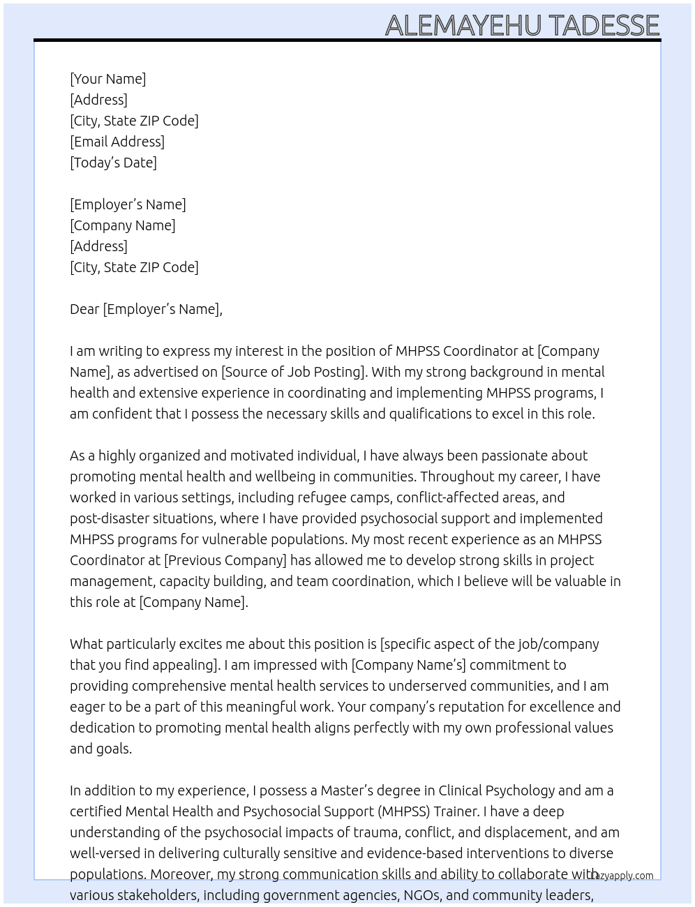 MHPSS coordinator At chghg Cover Letter