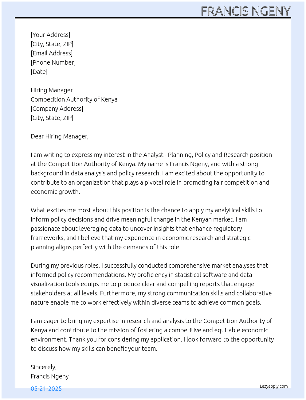 Cover letter for analyst-planning, policy and research - LazyApply