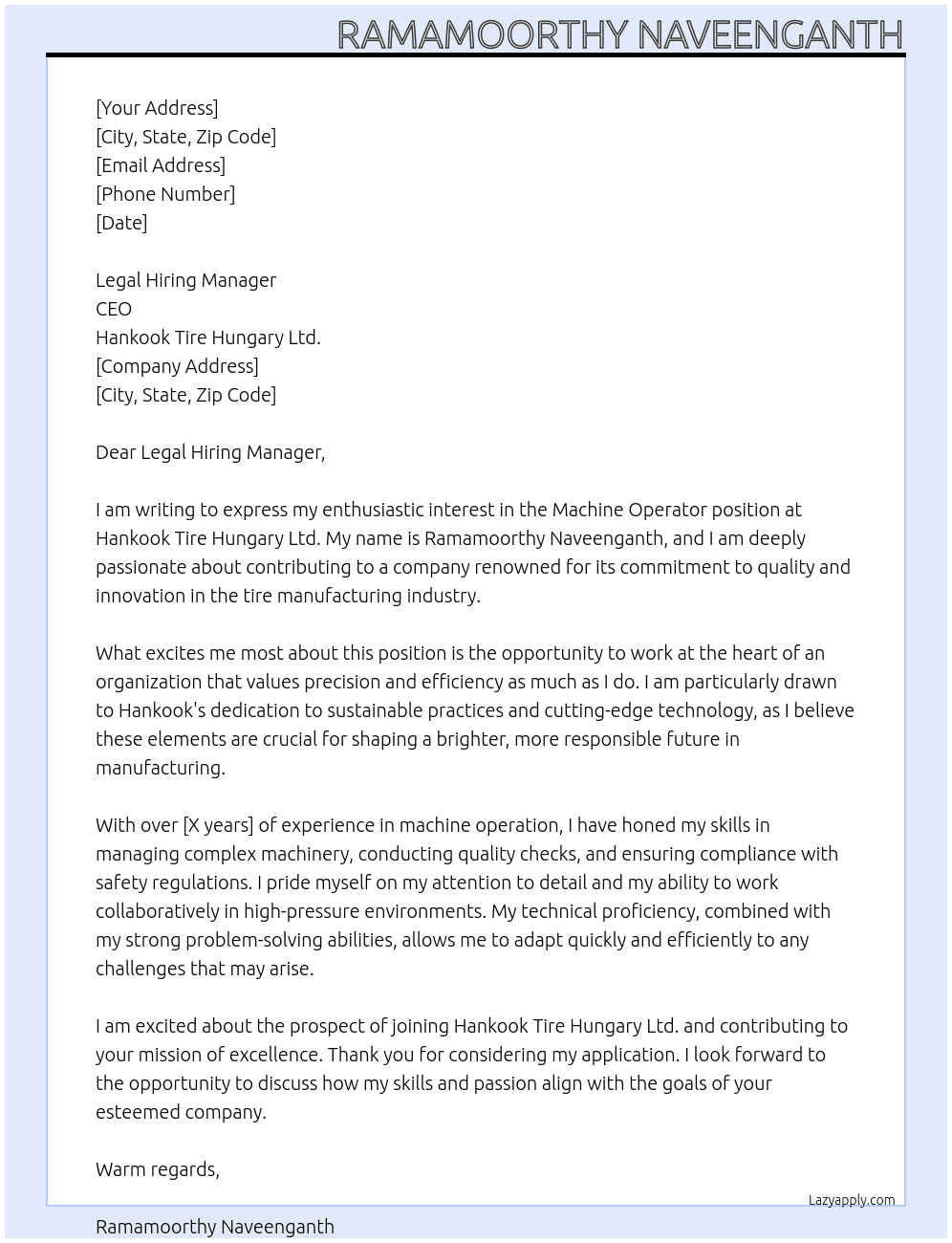 Machine operator At Hankook tire Hungary Ltd.  Cover Letter