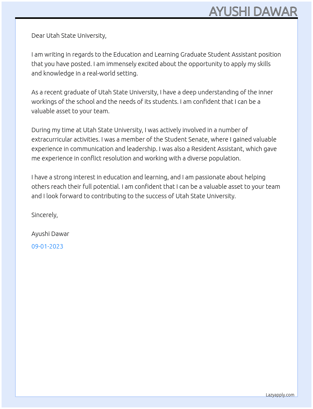 Education and learning graduate student assistant At Utah state university Cover Letter