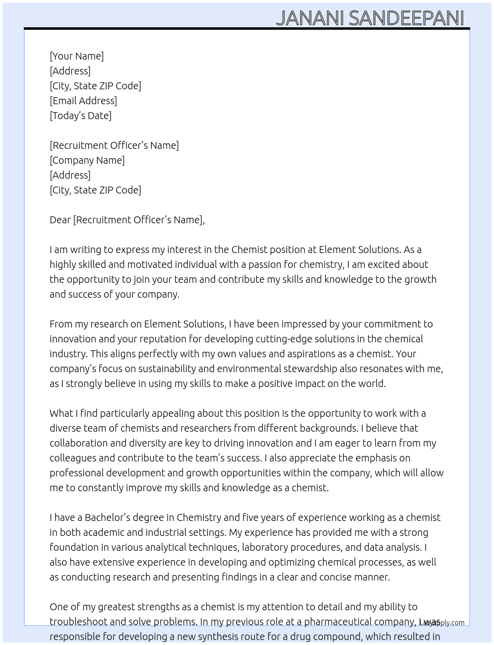 chemist At element solutions Cover Letter