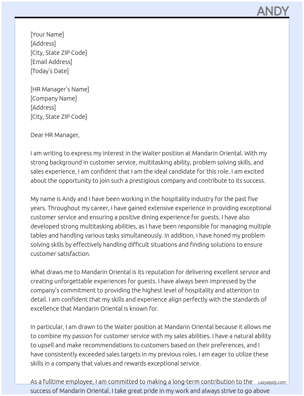 waiter At mandarin oriental Cover Letter