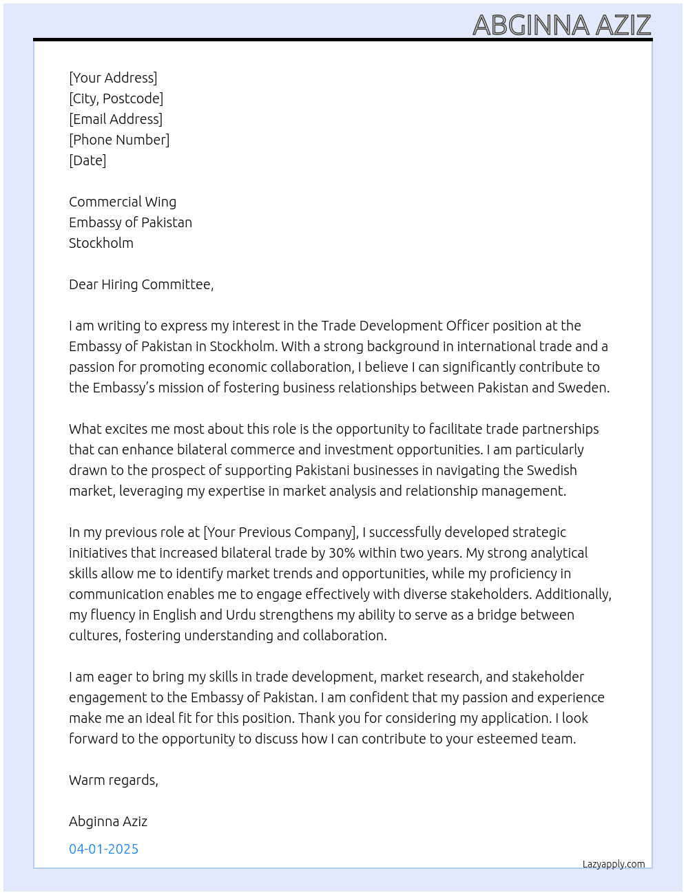 Trade Develpment Officer At Embassy of Pakistan, Stocholm Cover Letter