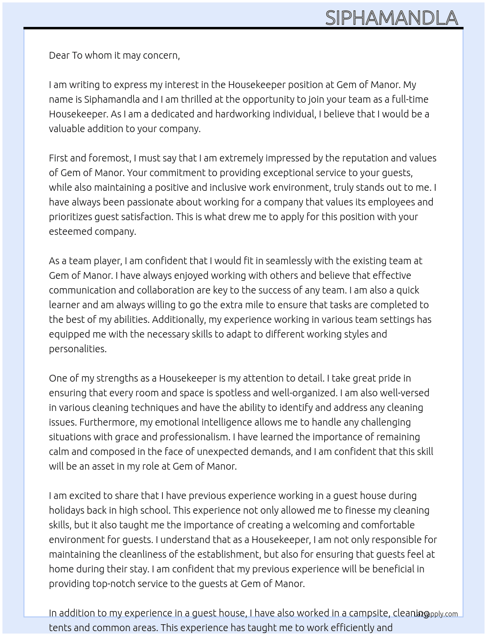 Housekeeper  At Gem of manor  Cover Letter