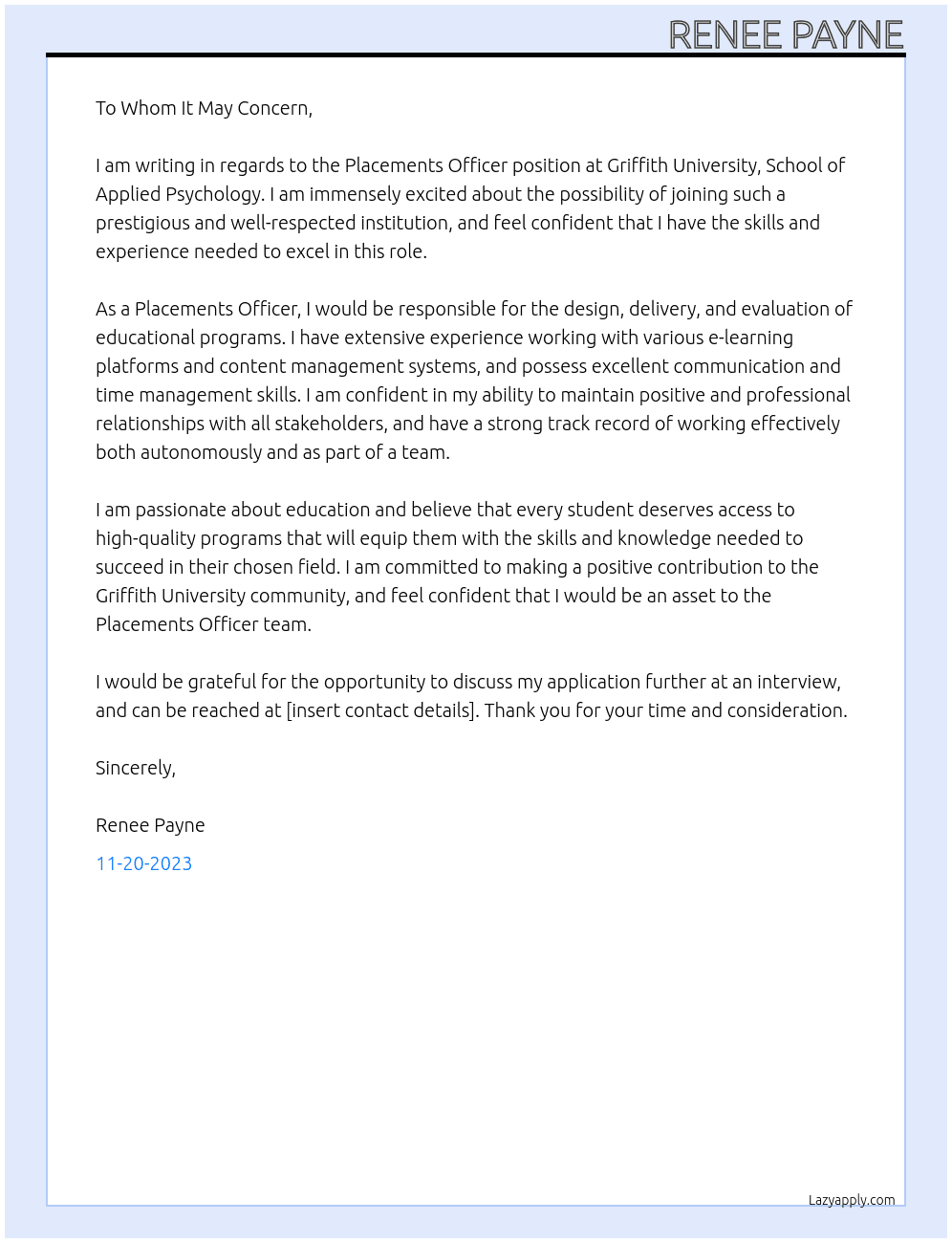 Placements Officer At Griffith University, School of Applied Psychology Cover Letter