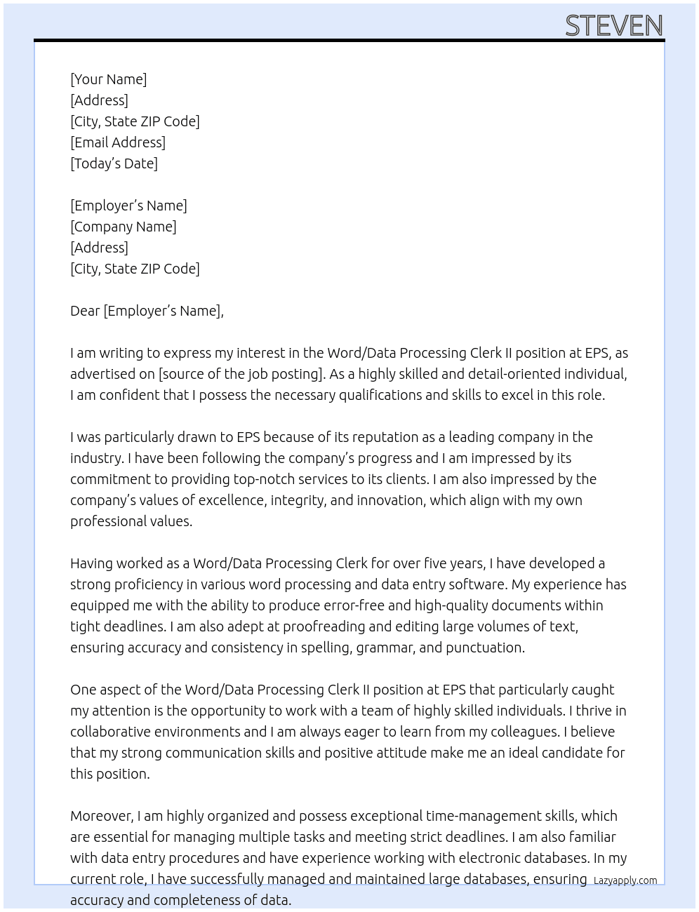 Word/Data Processing Clerk II At EPS Cover Letter