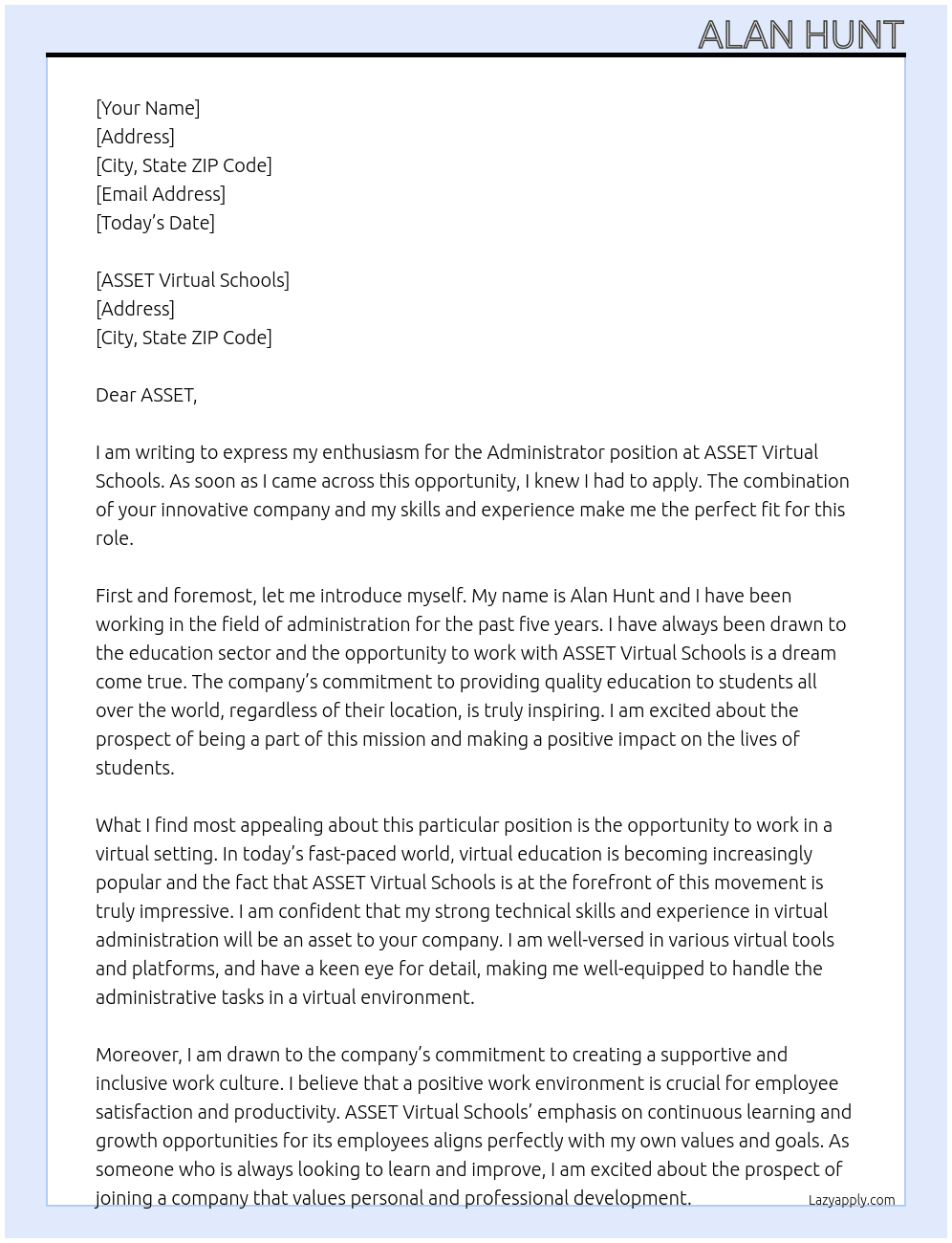 Administrator  At ASSET Virtual Schools Cover Letter