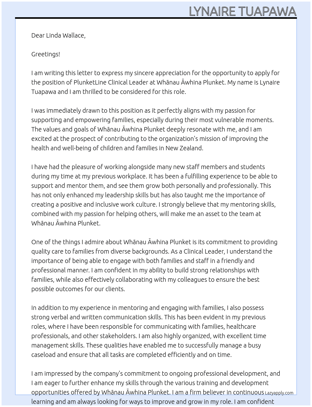 PlunketLine Clinical Leader At Whānau Āwhina Plunket Cover Letter