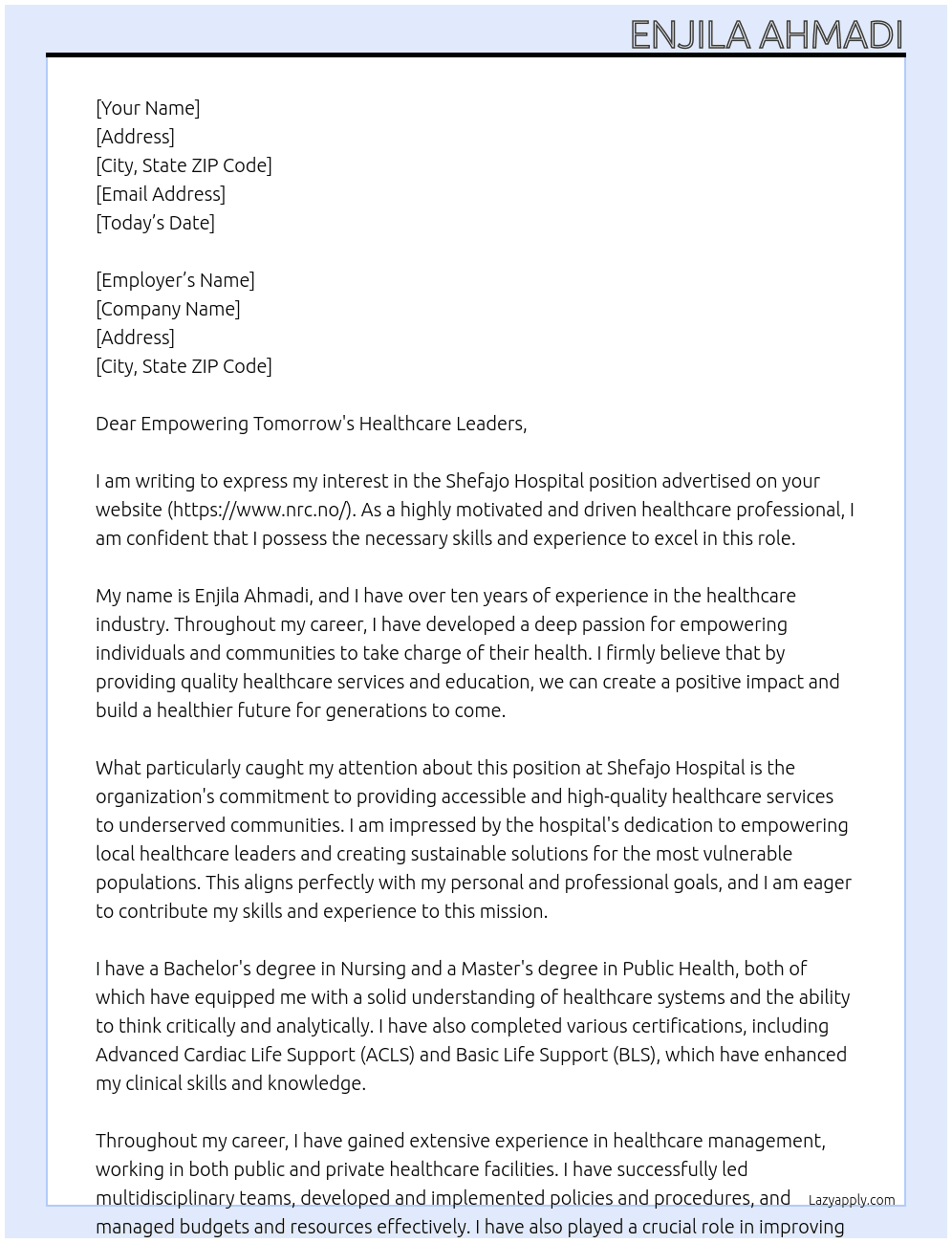 shefajo hospital  At https://www.nrc.no/ Cover Letter