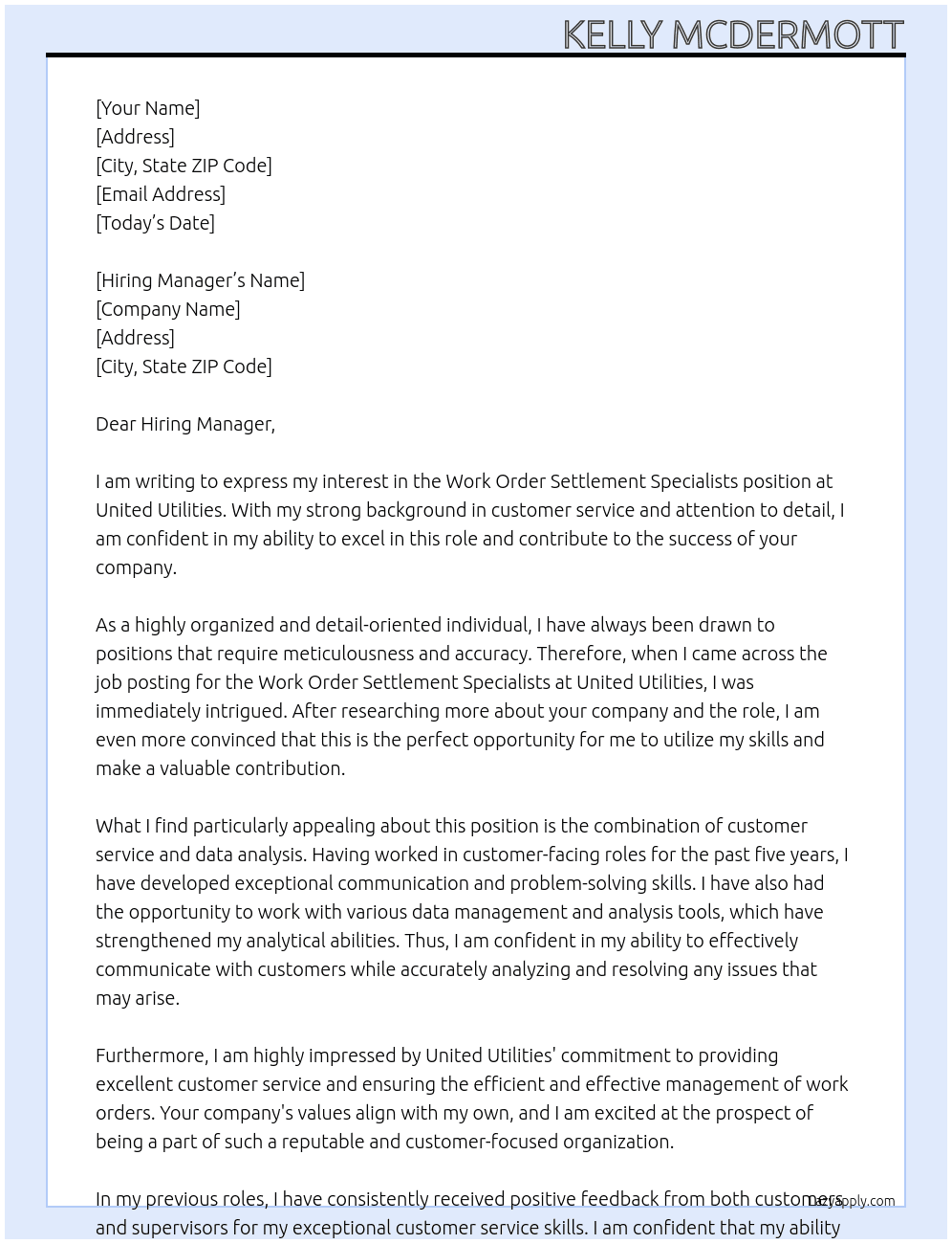 Work order settlement specialists At United Utilities Cover Letter