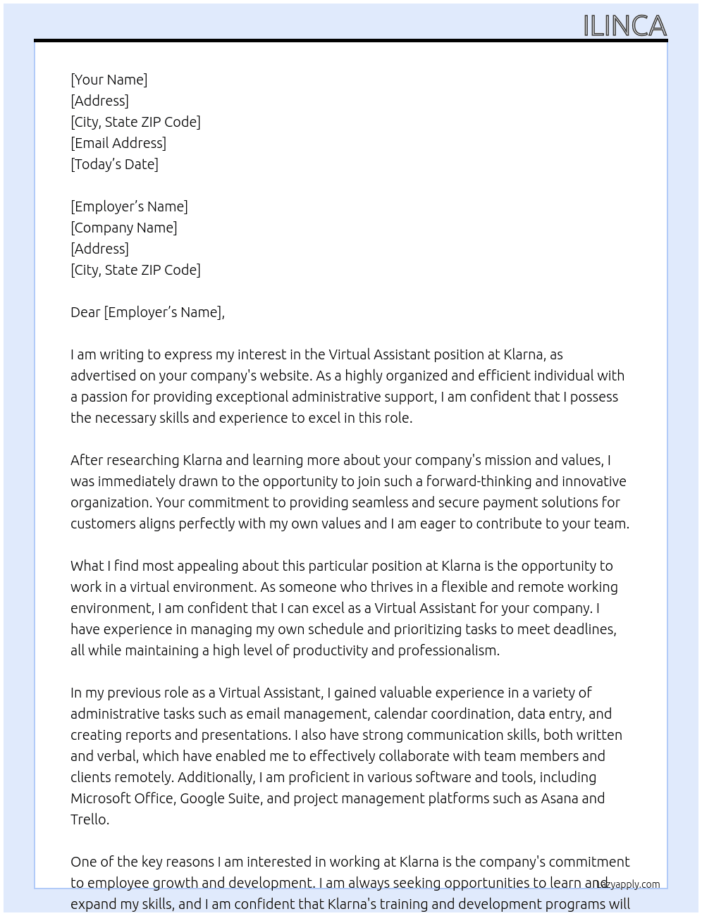 Virtual Assistant At Klarna Cover Letter