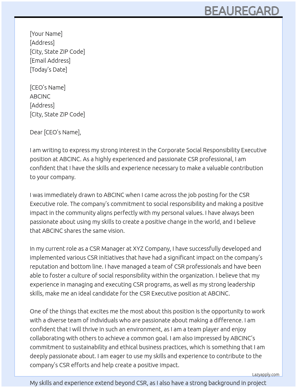 Corporate social Responsibility executive  At ABCINC  Cover Letter