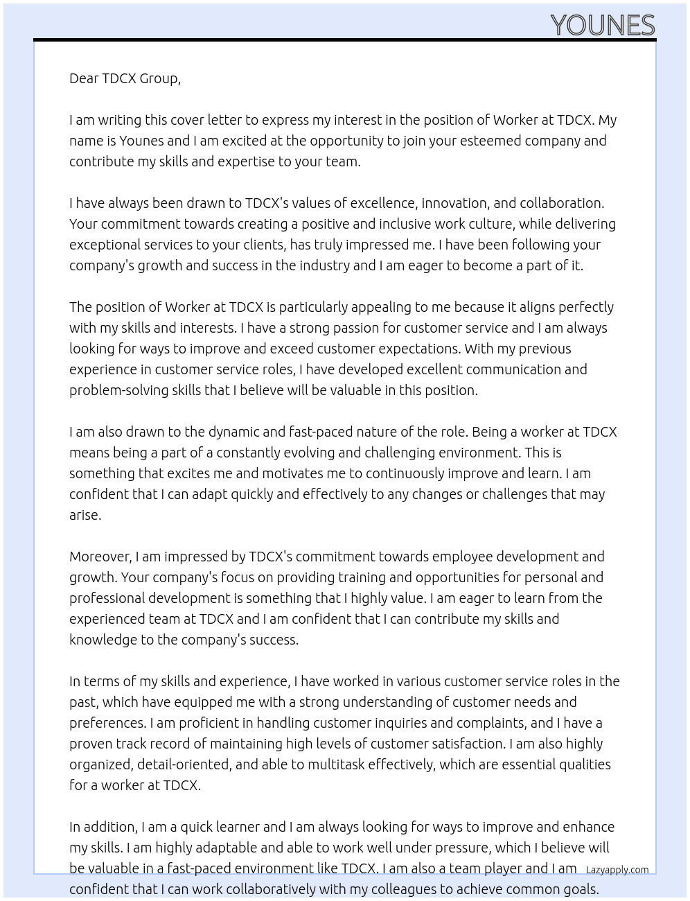 Worker At TDCX Cover Letter