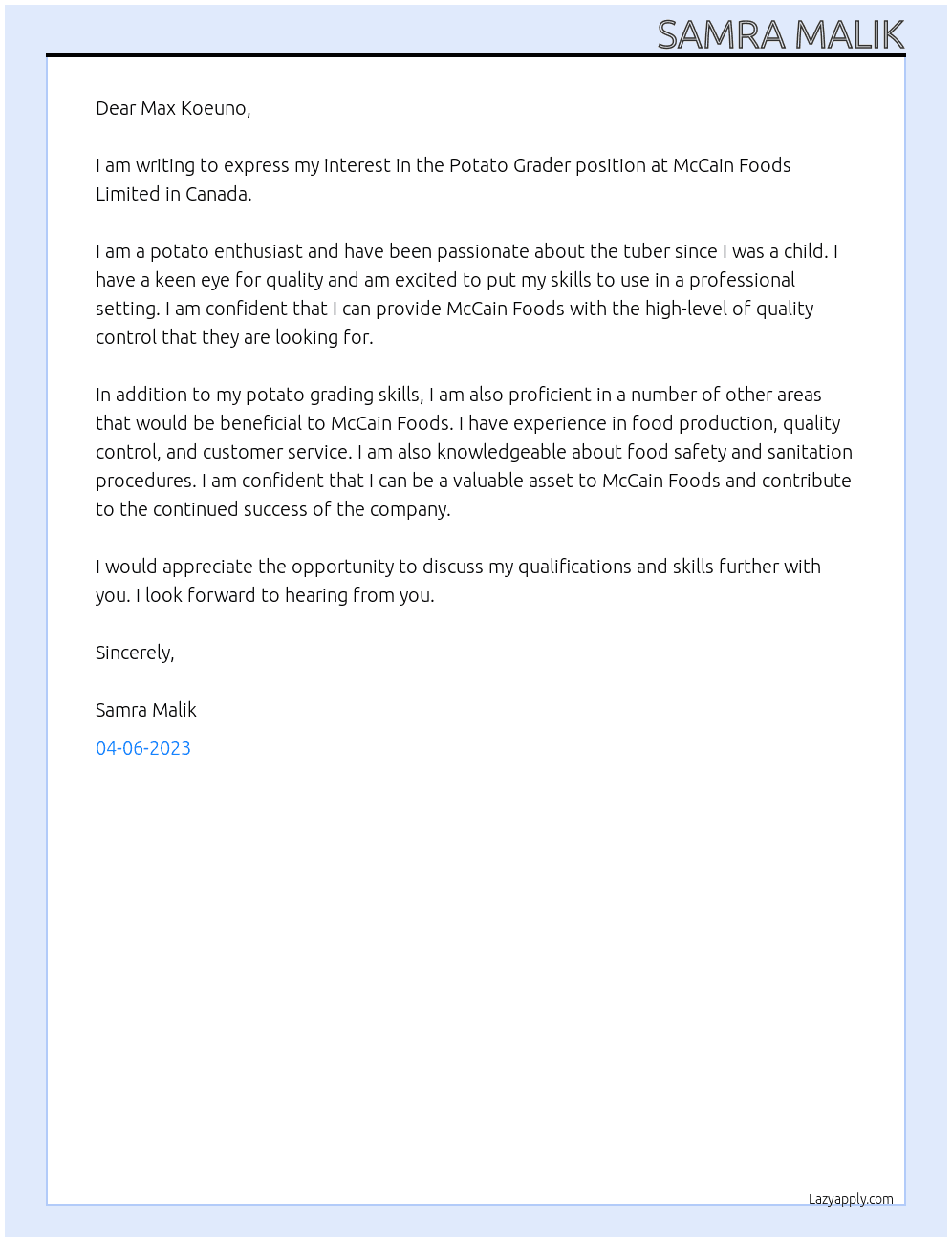 Potato grader At McCain Foods Limited in Canada. Cover Letter