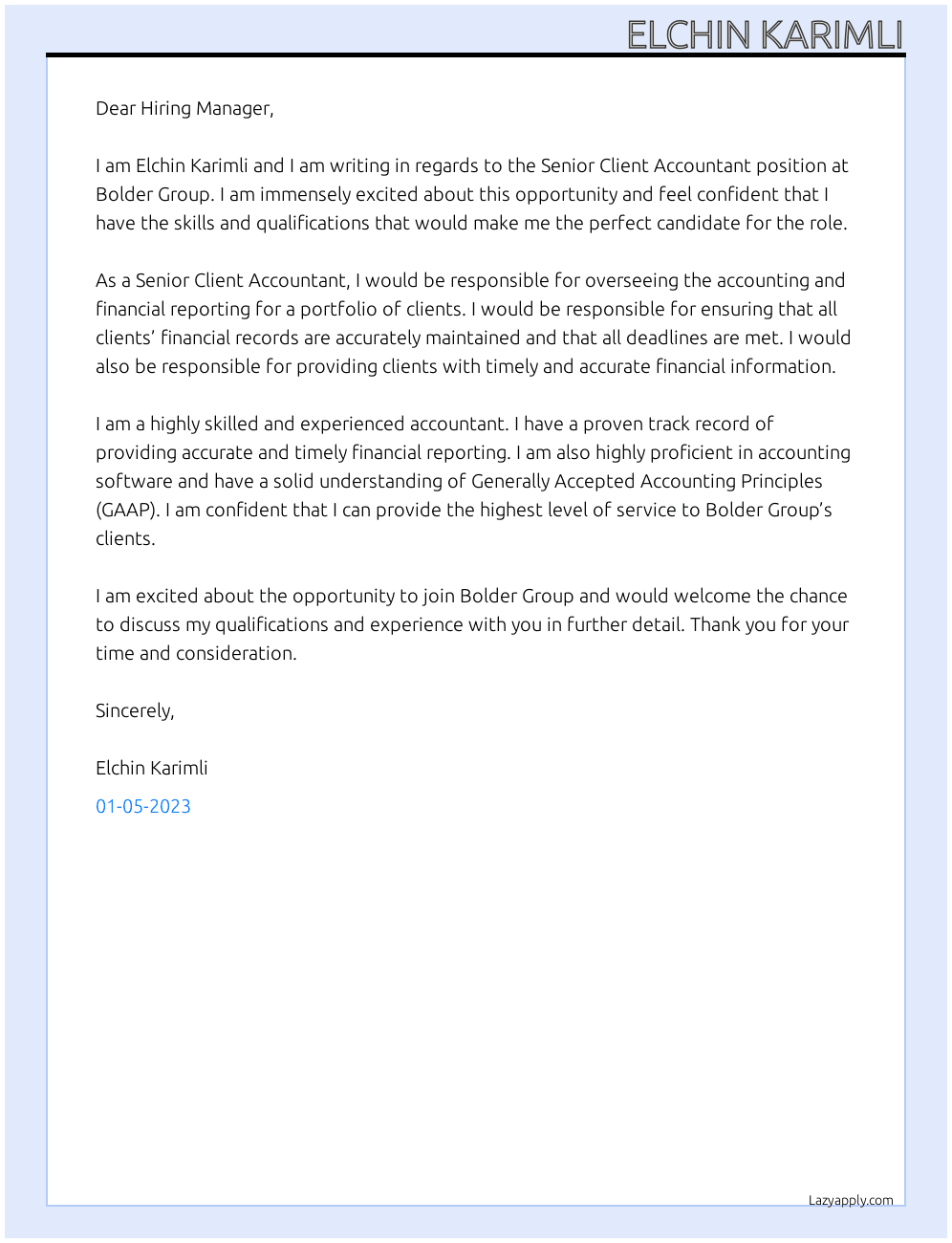 Cover letter for senior client accountant - LazyApply