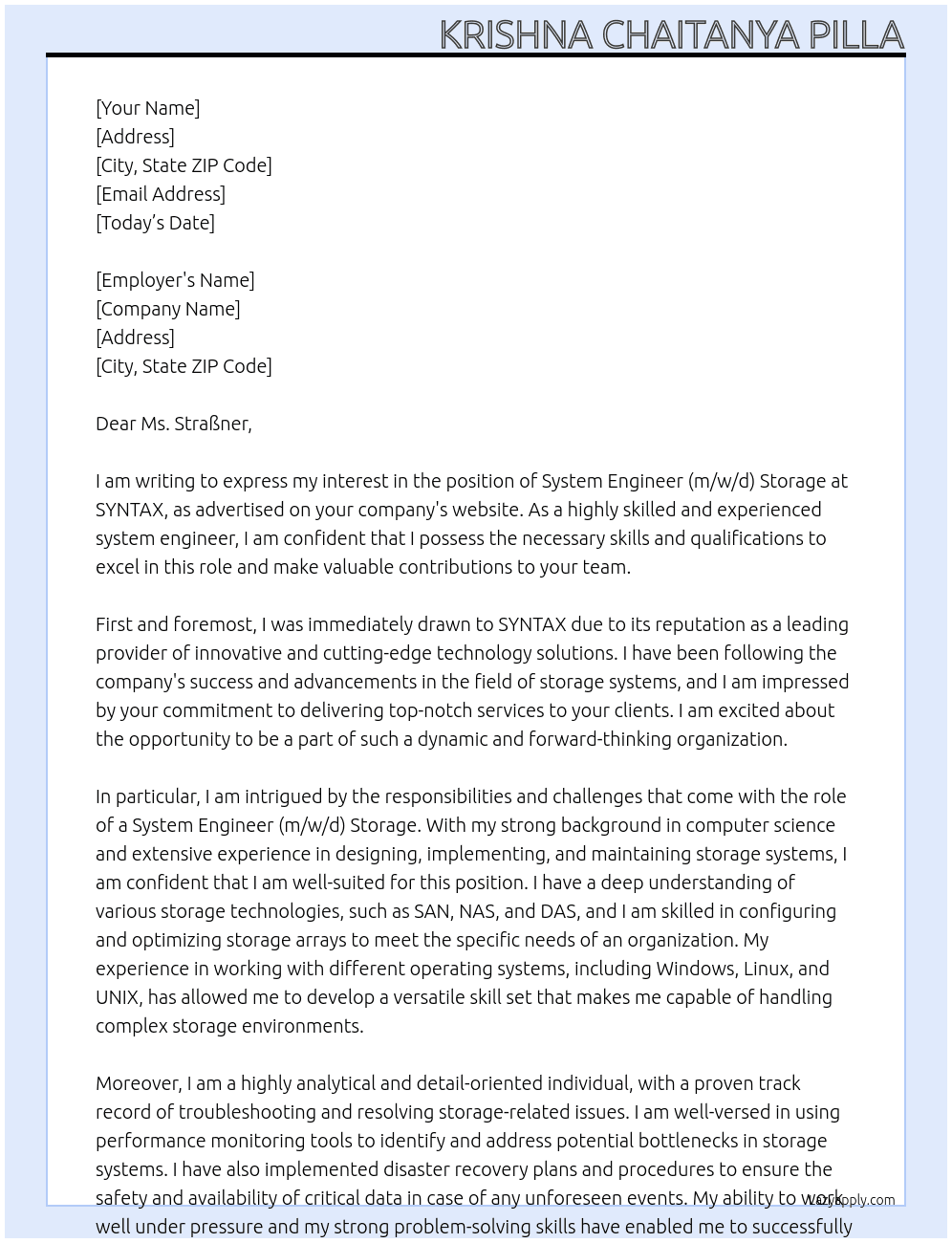 System Engineer (m/w/d) Storage At SYNTAX Cover Letter
