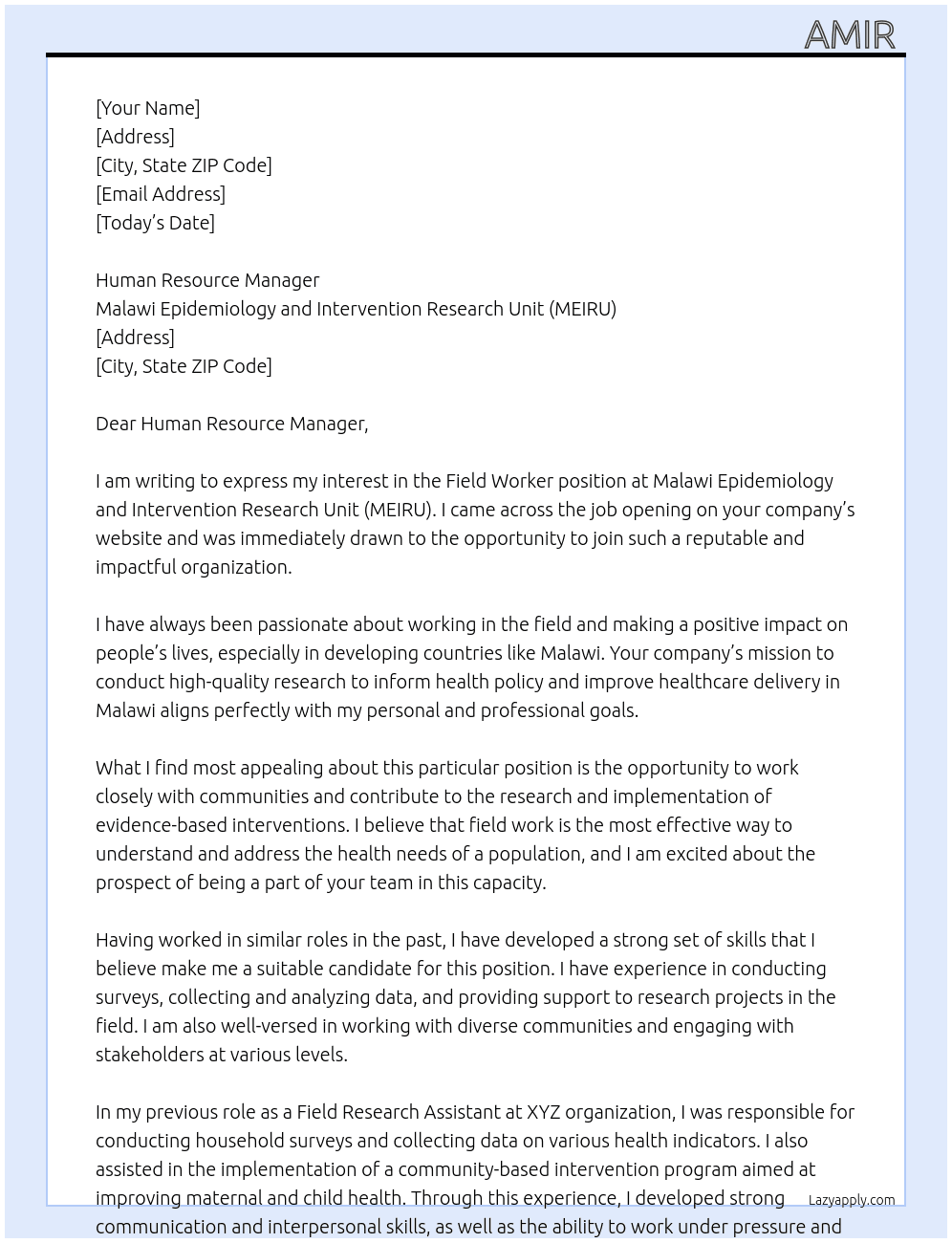 Field worker At Malawi Epidemiology and Intervention Research Unit (MEIRU) Cover Letter