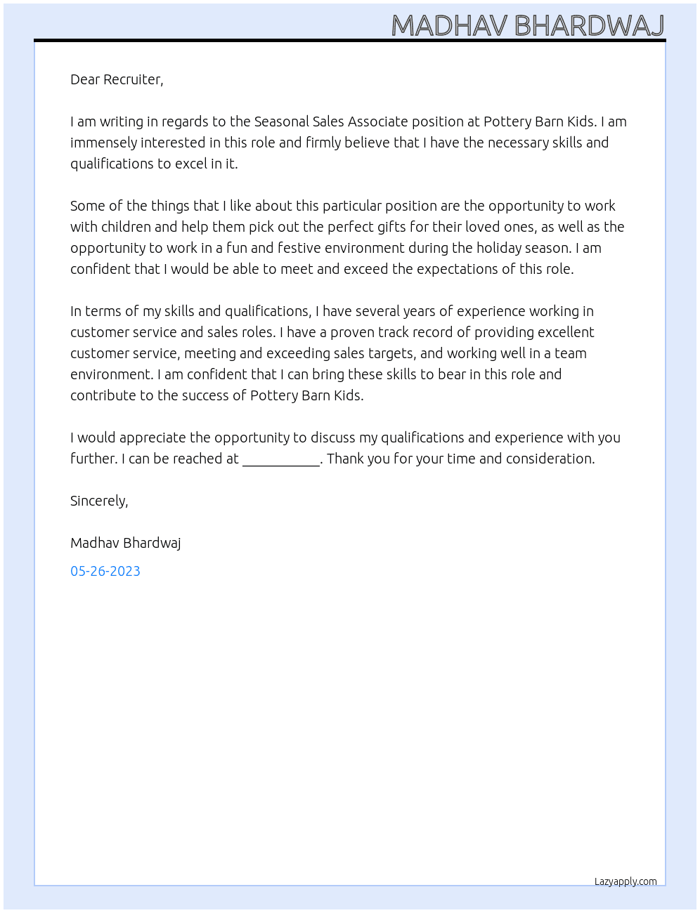 Seasonal Sales Associate At Pottery Barn Kids Cover Letter