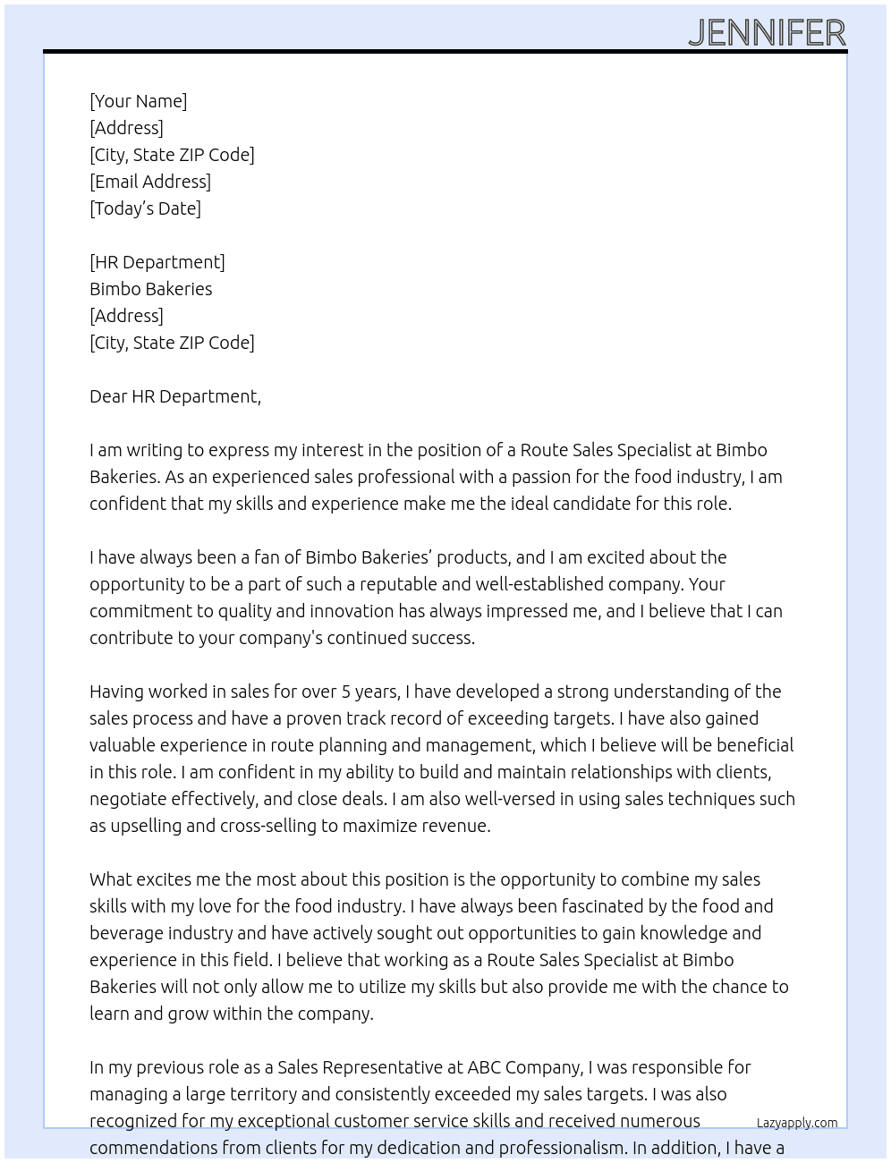 route sales specialist At Bimbo Bakeries Cover Letter