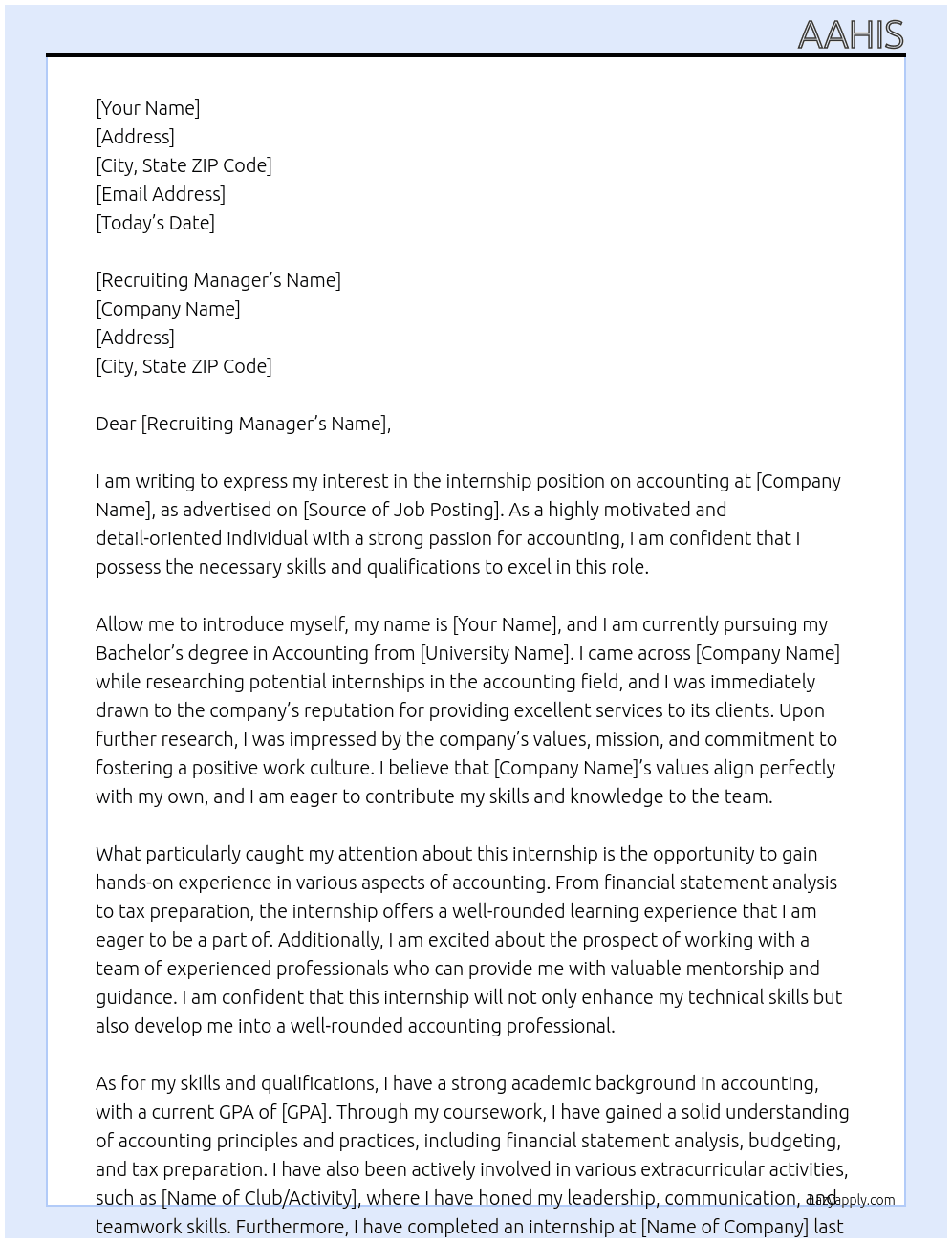 Internship on accounting  At Ghh Cover Letter