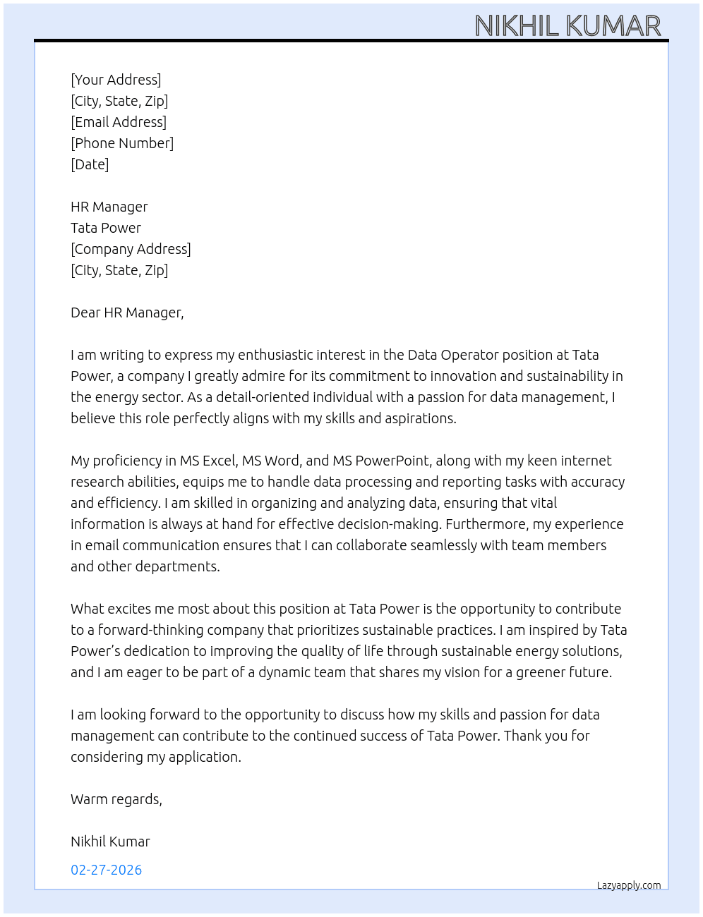 Data operater  At Tata Power  Cover Letter