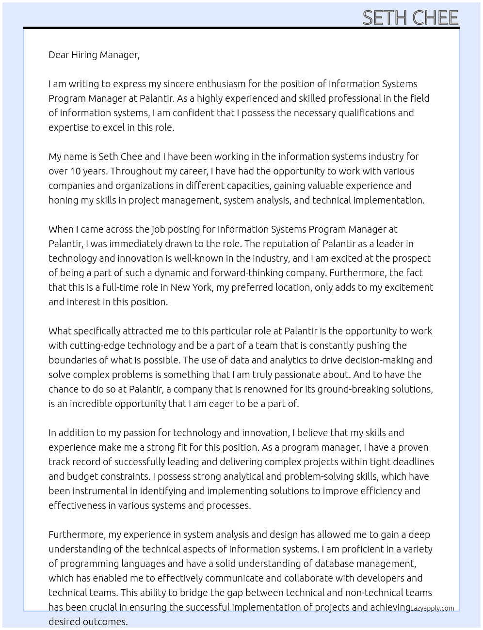 Information Systems Program Manager At Palantir Cover Letter