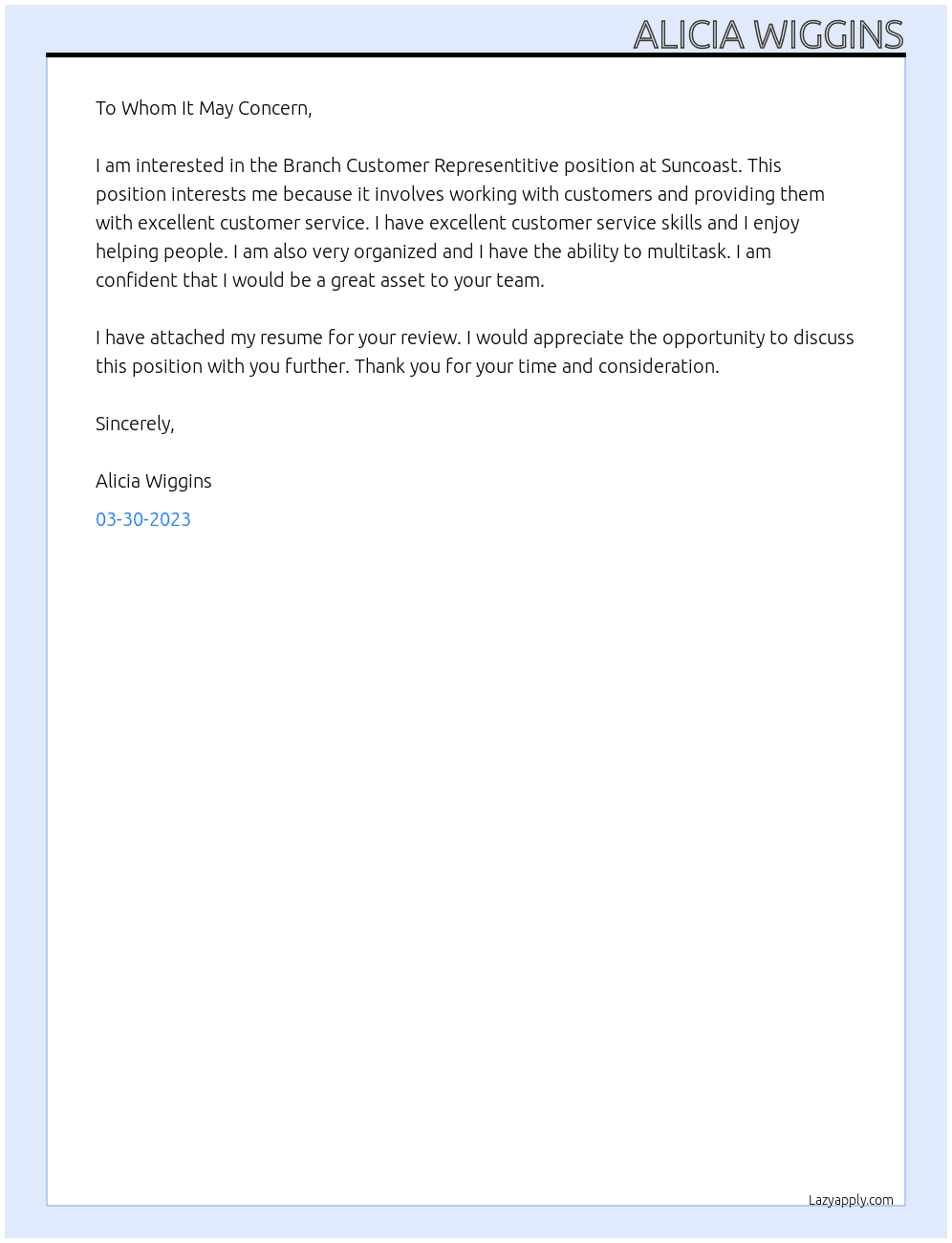 Branch Customer Representitive At Suncoast Cover Letter