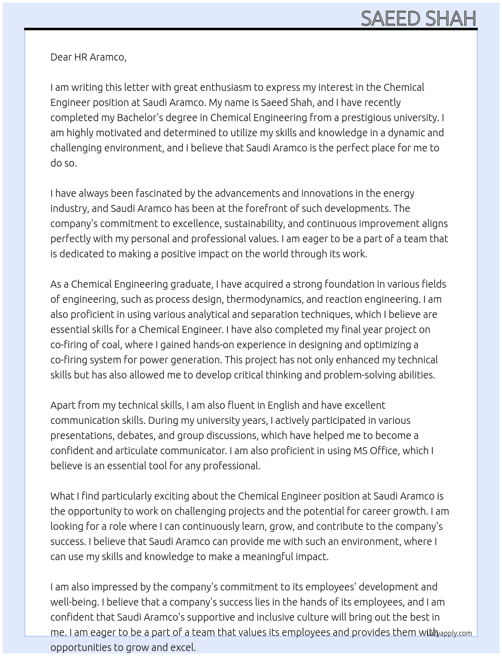 Chemical engineer  At Saudi Aramco  Cover Letter