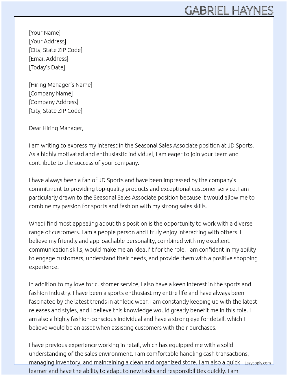 Seasonal Sales Associate  At JD sports Cover Letter