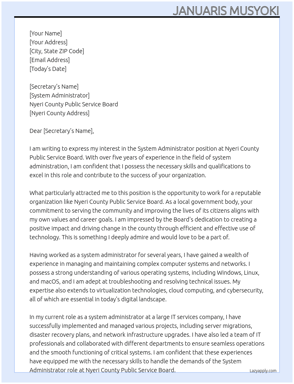 System administrator At Nyeri county public service board Cover Letter