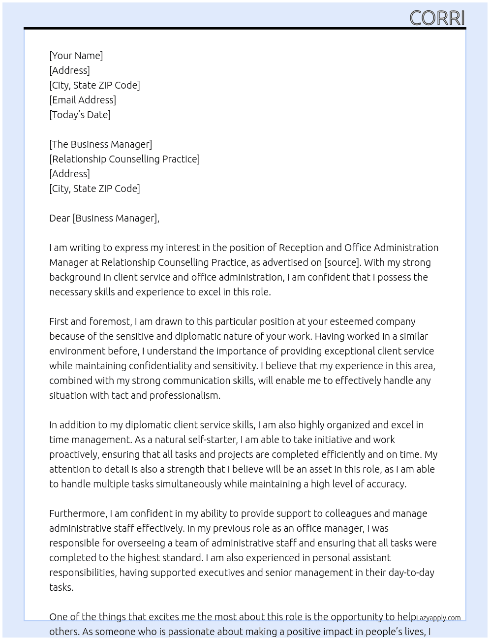 Reception and Office Administration Manager At Relationship Counselling Practice Cover Letter