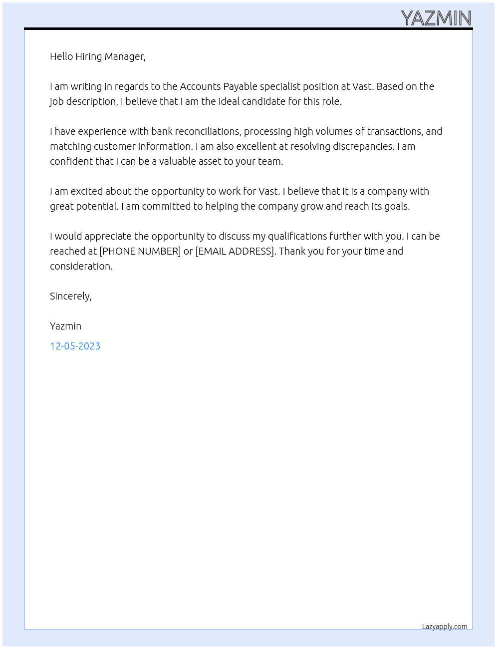Accounts Payable specialist At Vast Cover Letter