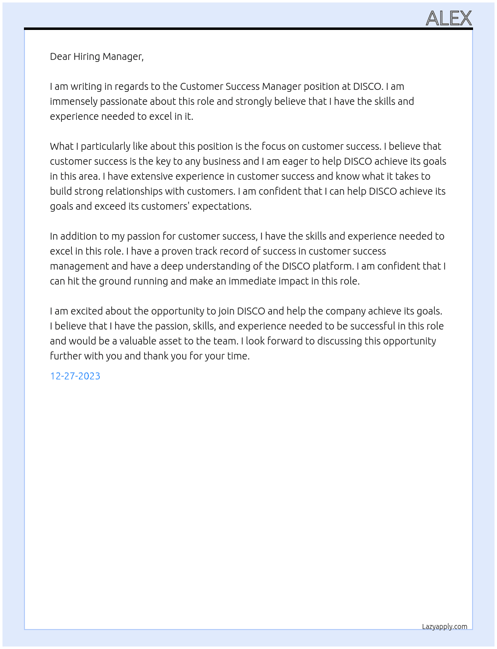 Customer Success Manager At DISCO Cover Letter