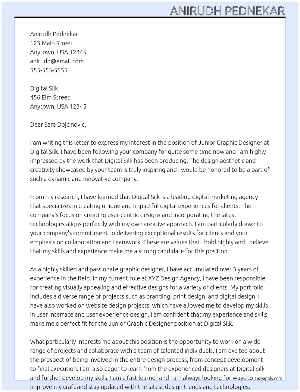 Junior graphic designer  At Digital silk  Cover Letter