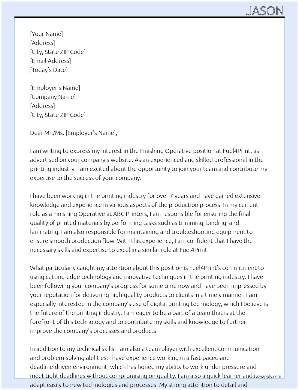 Finishing Operative  At Fuel4Print Cover Letter
