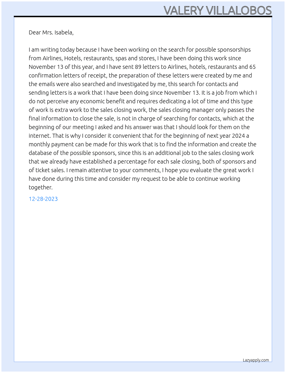 carta  At Sra. isabella Cover Letter