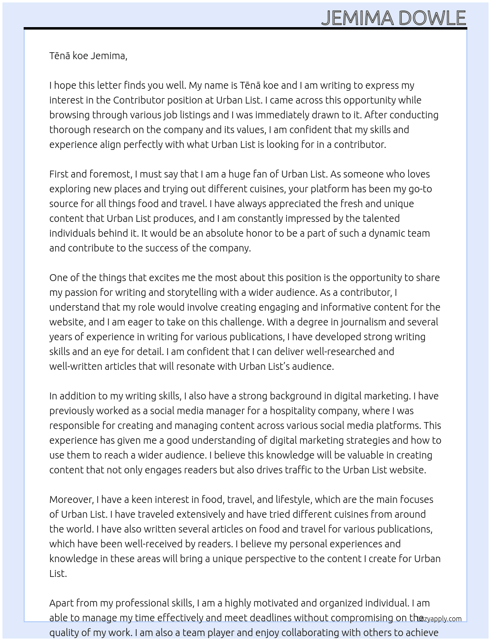 Contributor At Urban List Cover Letter
