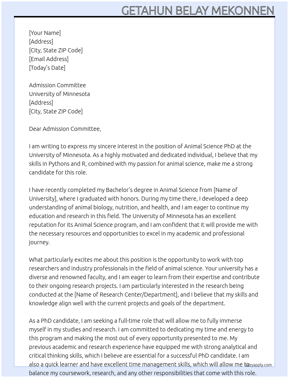 Admission for Animal Science PhD At University of Minnesota  Cover Letter