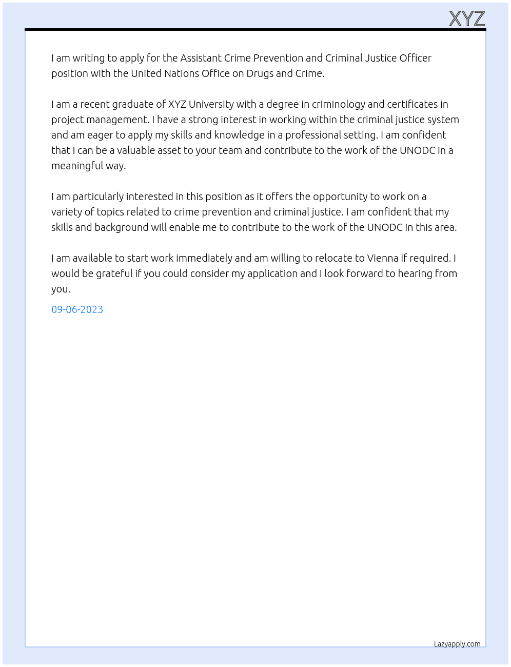 Assistant Crime Prevention and Criminal Justice Officer At United Nations Office on Drugs and Crime Cover Letter
