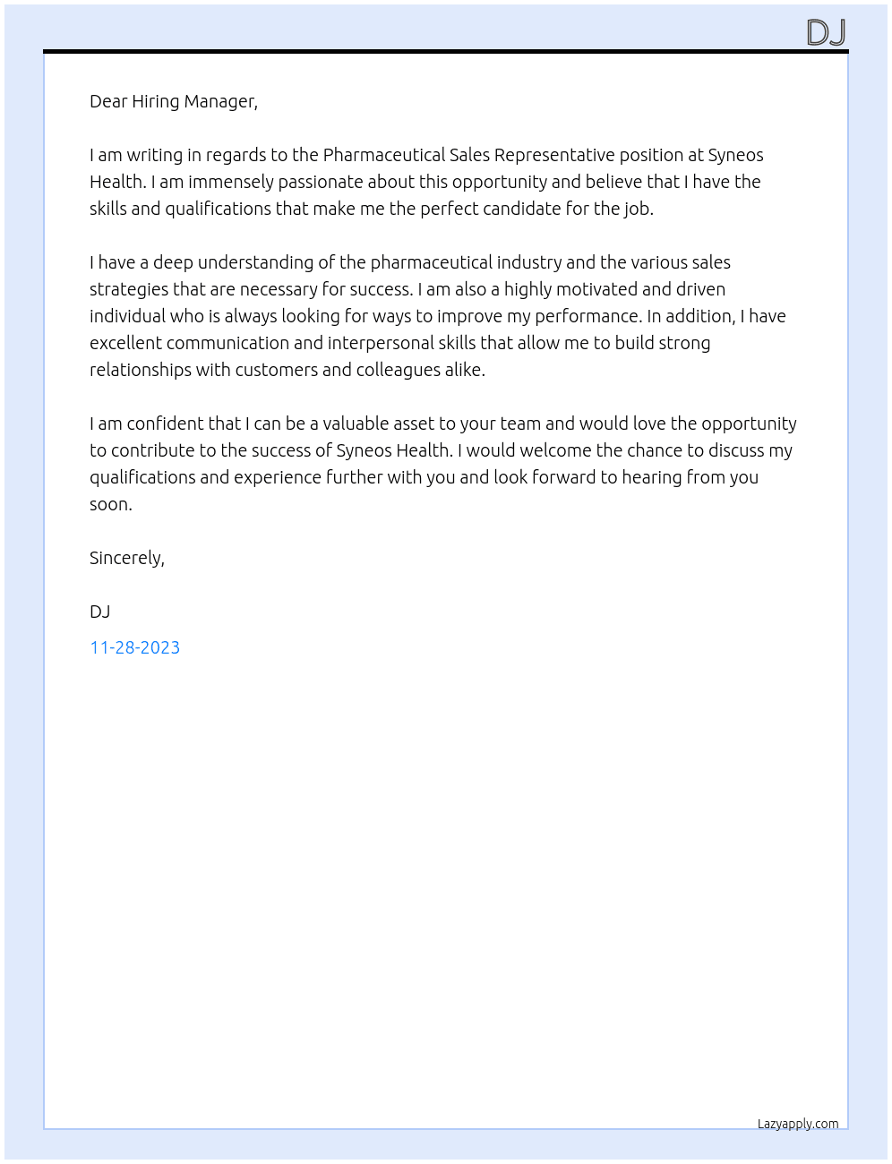 Pharmaceutical Sales Representative  At Syneos Health Cover Letter