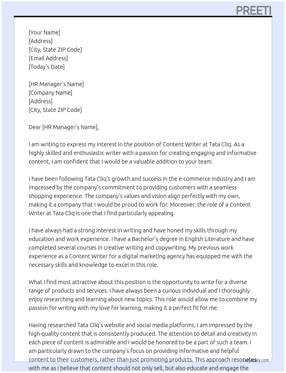 content writer At tata cliq Cover Letter