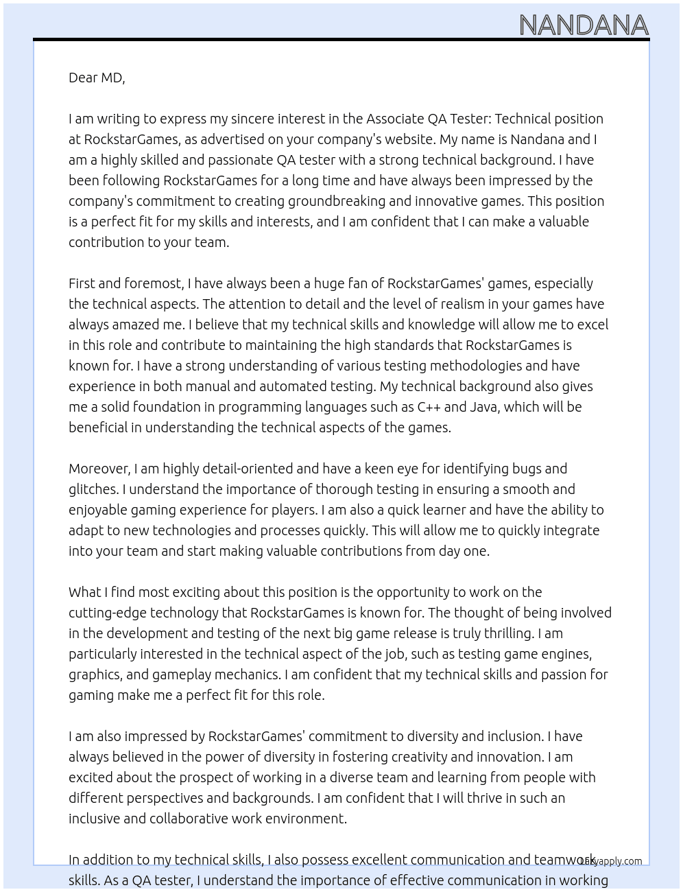 Associate QA Tester: Technical At MD Cover Letter