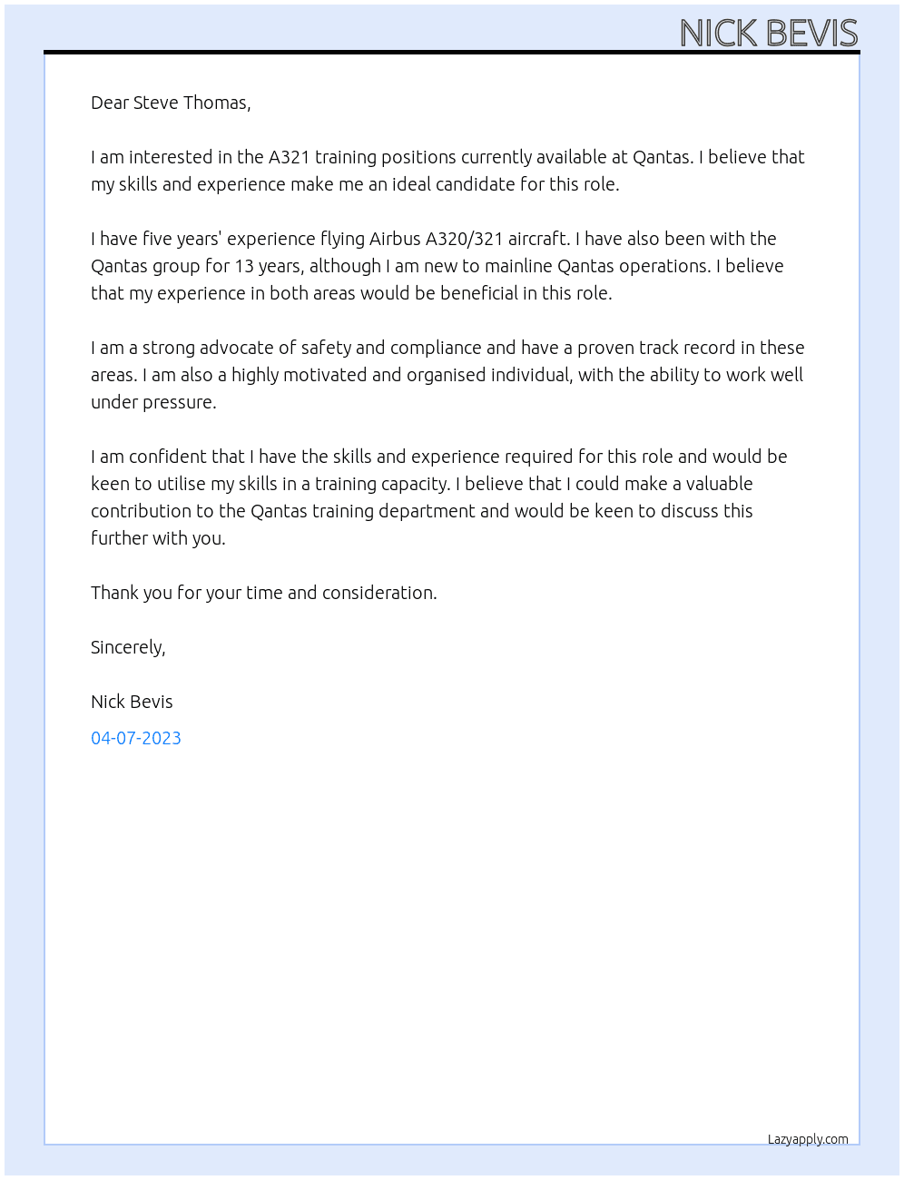 A321 training positions  At Qantas training department  Cover Letter