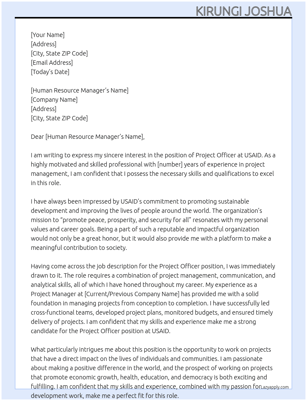 project officer At usaid Cover Letter