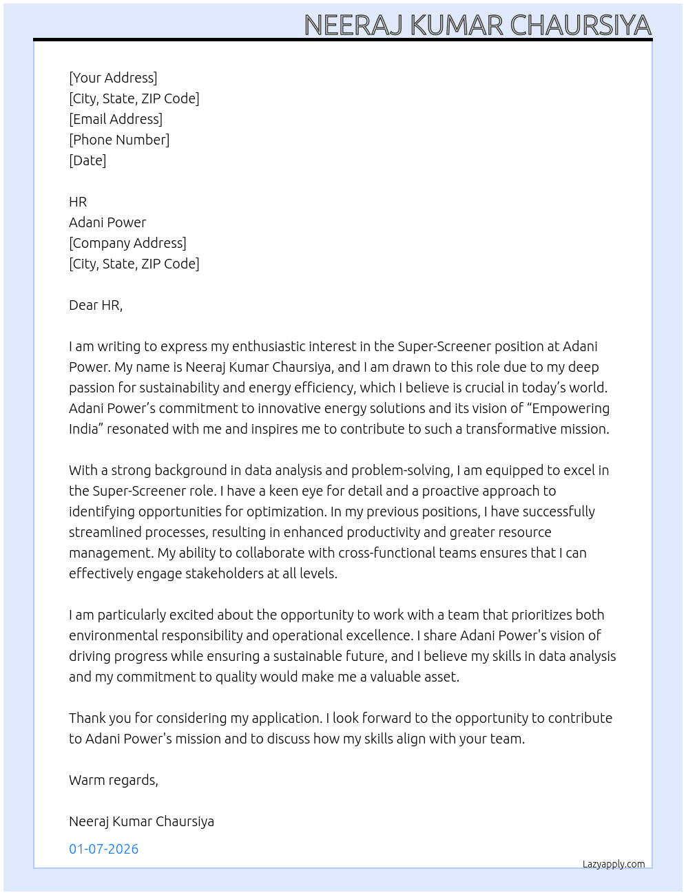 Super-Screener At adani power Cover Letter