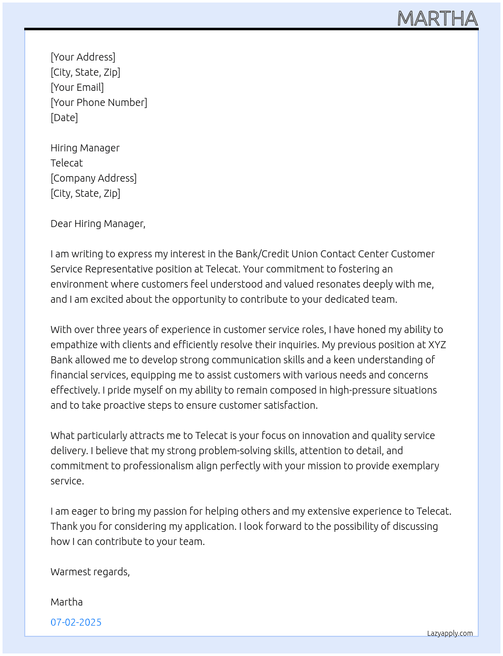 Bank/Credit Union Contact Center Customer Service Representative At Telecat Cover Letter